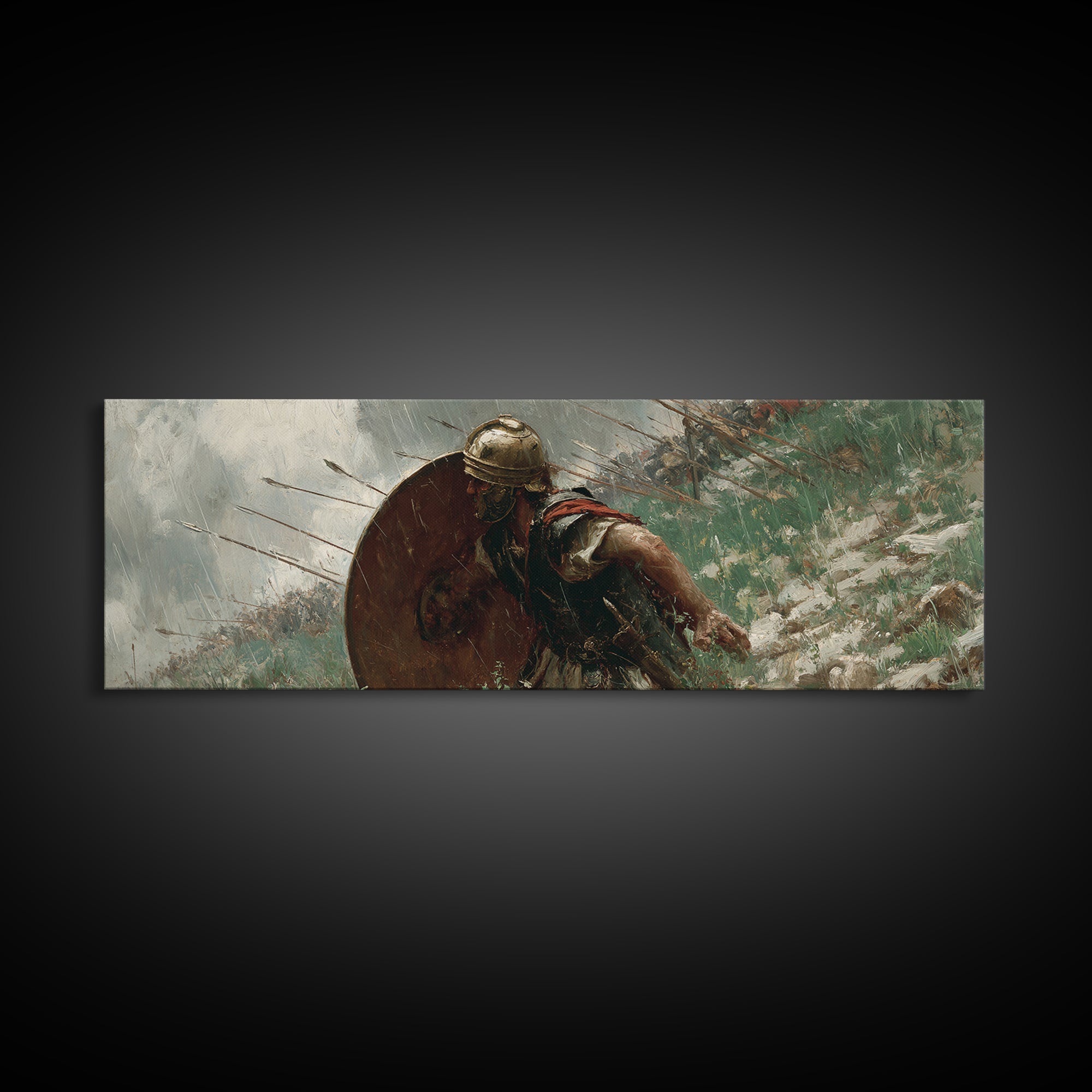 Ancient Shield Warrior Framed Canvas Print, Historical Battle Wall Art, Spartan Soldier Decor, Masculine Office Decor, Gift For Him