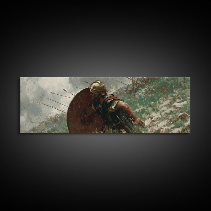 Ancient Shield Warrior Framed Canvas Print, Historical Battle Wall Art, Spartan Soldier Decor, Masculine Office Decor, Gift For Him