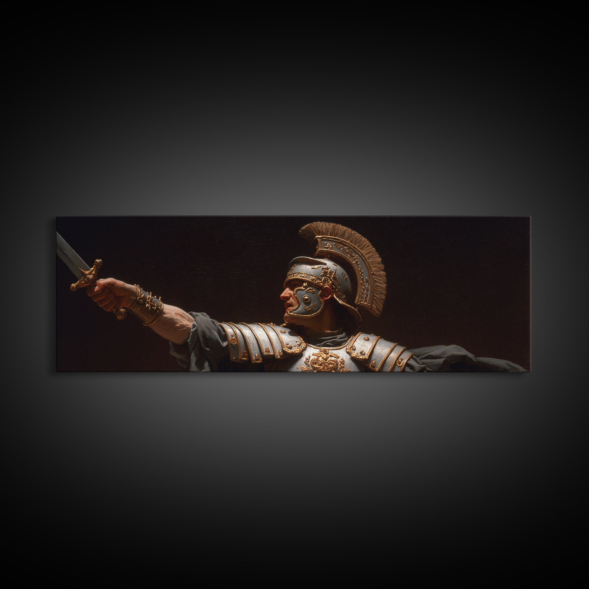 Roman Warrior Sword Portrait Framed Canvas Print, Classical Wall Art, Dark Academia Decor, Mythological Fine Art, Gift For Him