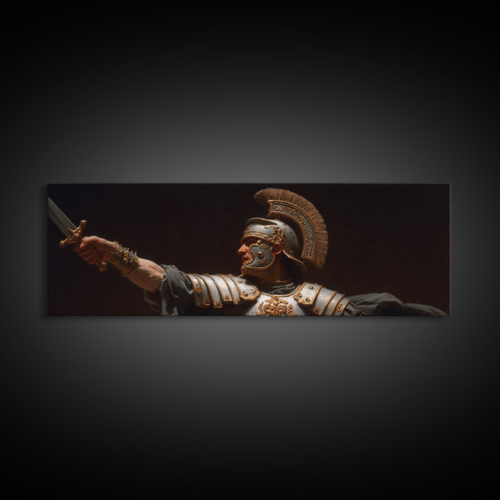 Roman Warrior Sword Portrait Framed Canvas Print, Classical Wall Art, Dark Academia Decor, Mythological Fine Art, Gift For Him