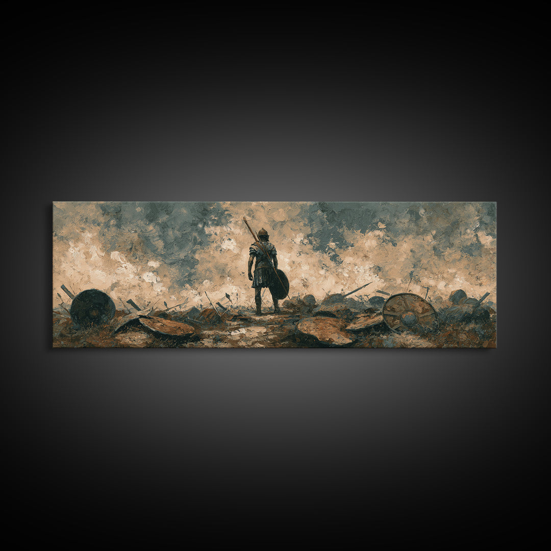 Solitary Warrior On Stormy Battlefield Canvas Print, Historical Wall Art, Moody Office Decor, Dark Academia Gift For Him