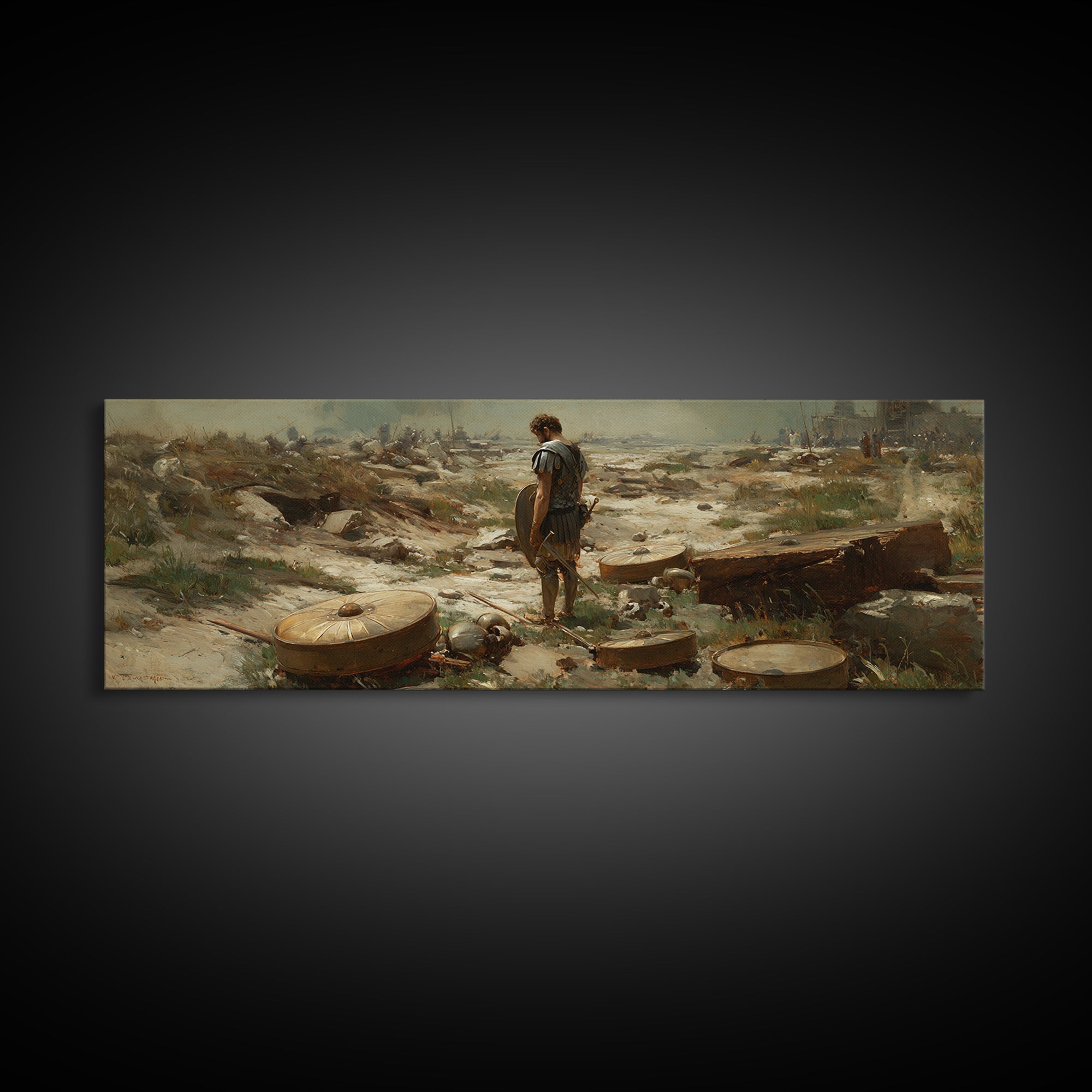 Lone Ancient Warrior Among Shields Wall Art, Roman Battlefield Canvas Print, Historical Decor, Classical Fine Art Prints