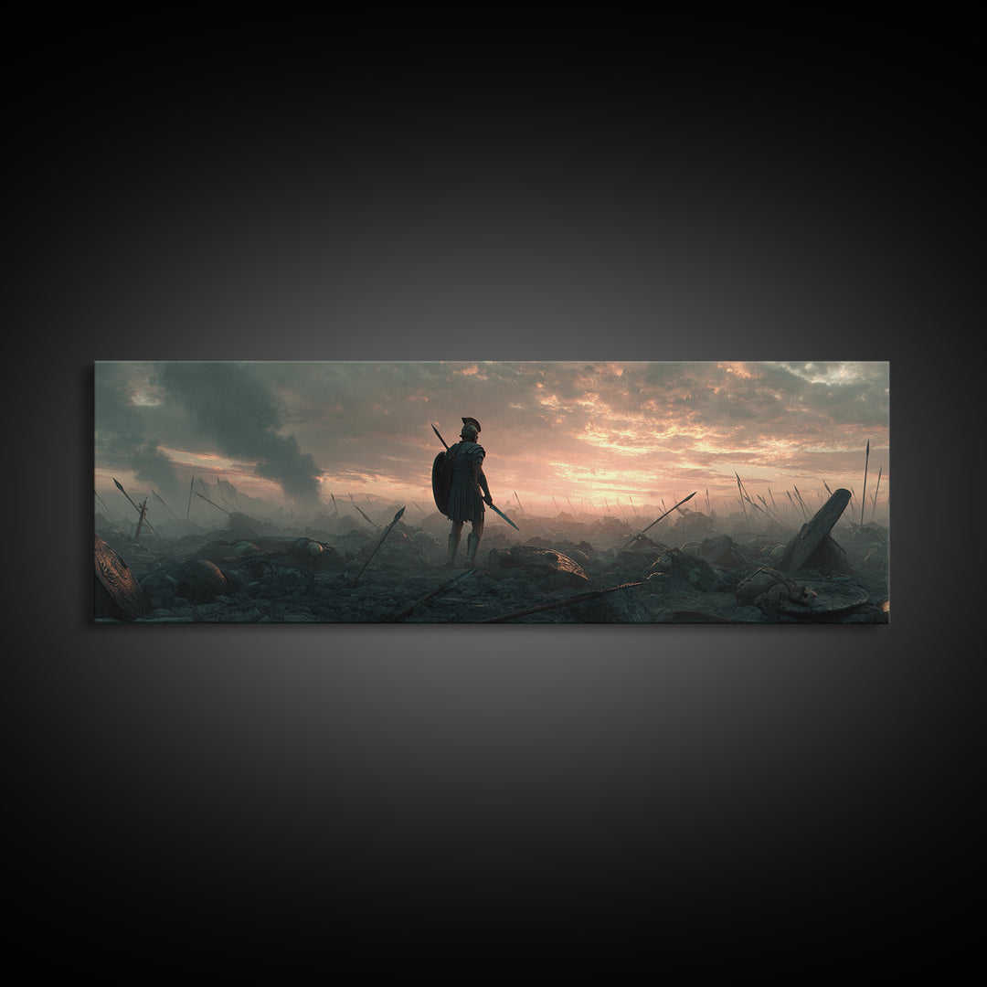 Lone Warrior On Smoky Battlefield Wall Art, Dark Fantasy Canvas, Epic Medieval Landscape, Dramatic Living Room Decor, Above Sofa Decor