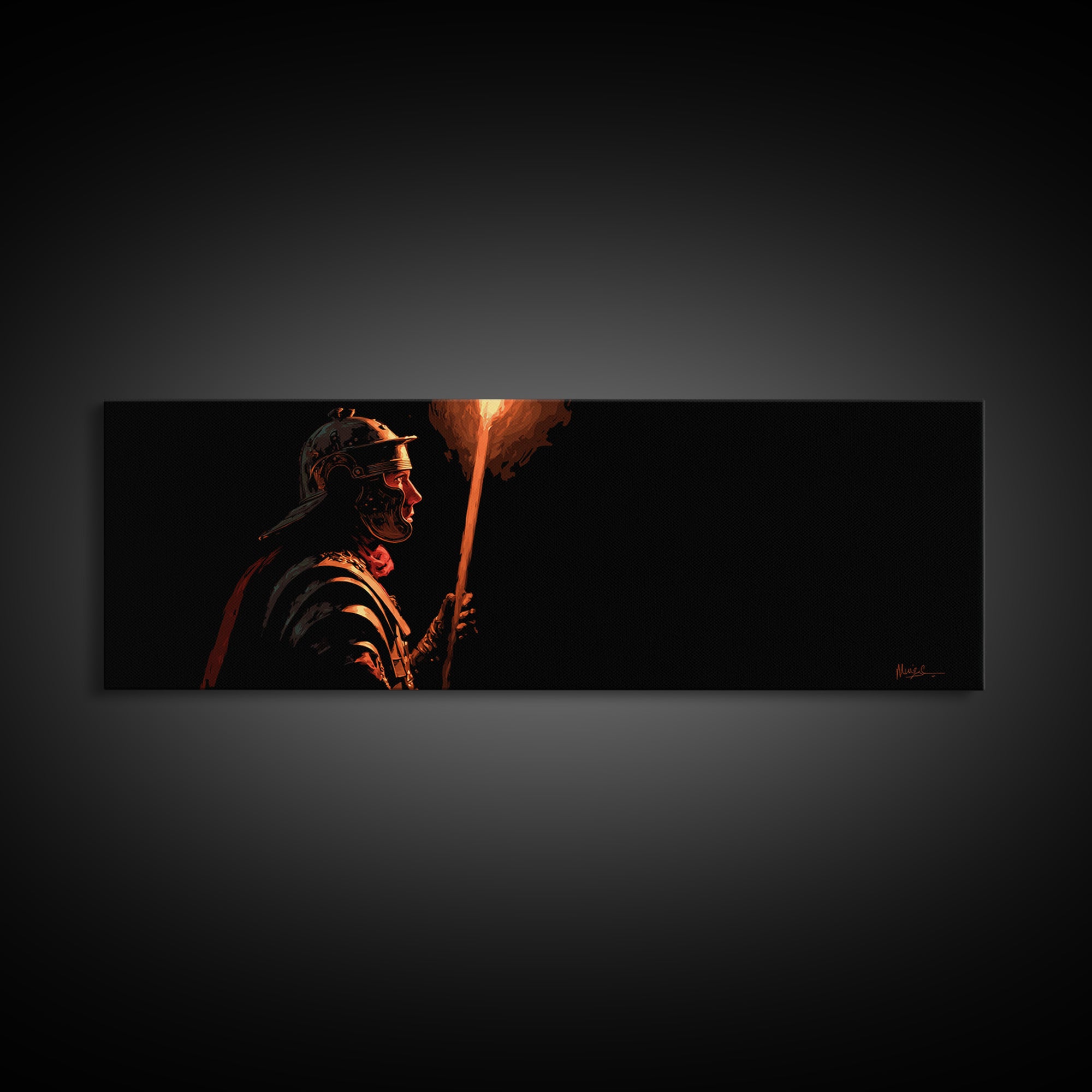 Roman Torch Bearer In Black Canvas Print, Ancient Warrior Wall Art, Dramatic Historical Decor, Masculine Man Cave Gift Print
