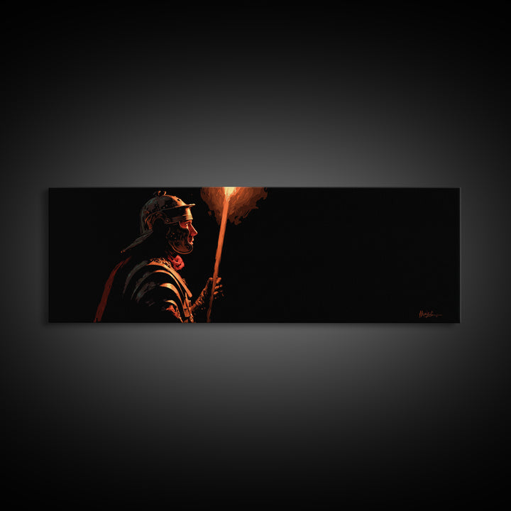 Roman Torch Bearer In Black Canvas Print, Ancient Warrior Wall Art, Dramatic Historical Decor, Masculine Man Cave Gift Print