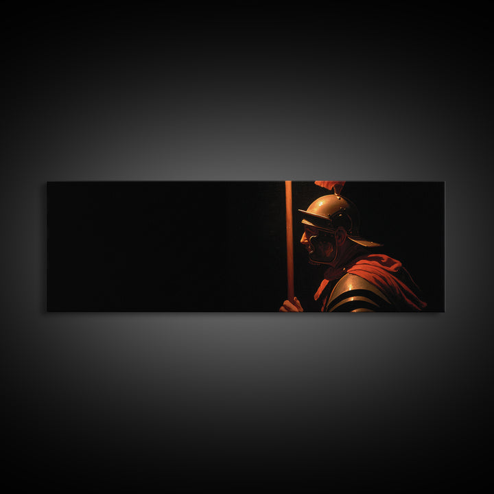 Bold Roman Soldier With Spear Framed Canvas Print, Dark Historical Warrior Wall Art, Masculine Office Decor And Gift For Him