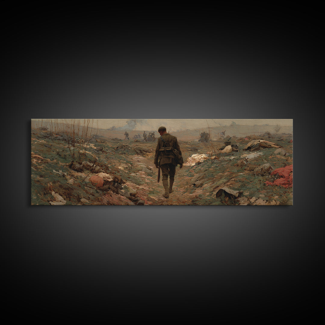 Somber Lone Soldier Battlefield Wall Art, Panoramic Framed Canvas Print, Historical Landscape Decor, Moody Office Wall Art