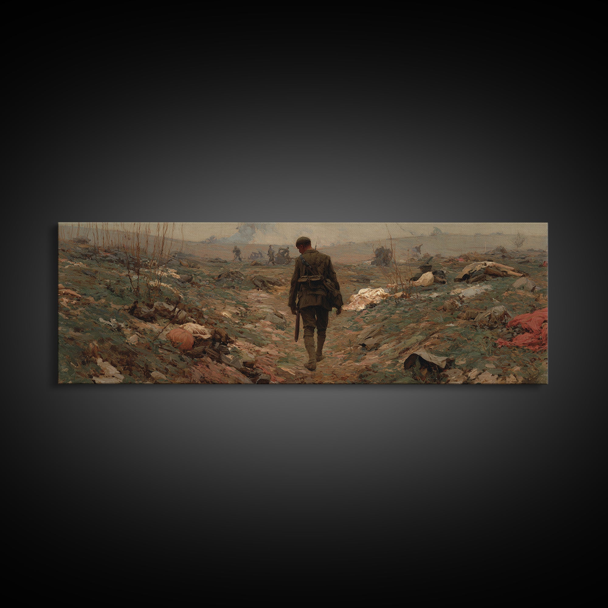 Somber Lone Soldier Battlefield Wall Art, Panoramic Framed Canvas Print, Historical Landscape Decor, Moody Office Wall Art