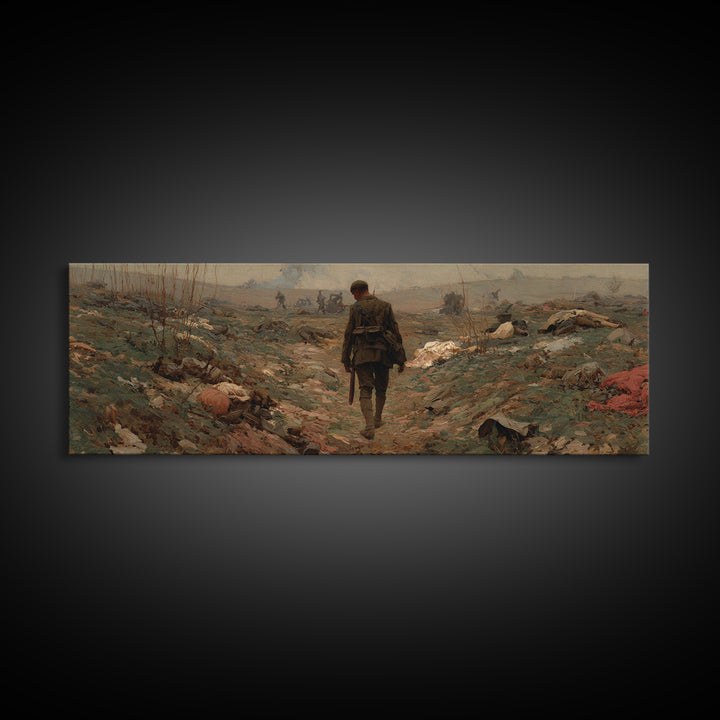Somber Lone Soldier Battlefield Wall Art, Panoramic Framed Canvas Print, Historical Landscape Decor, Moody Office Wall Art
