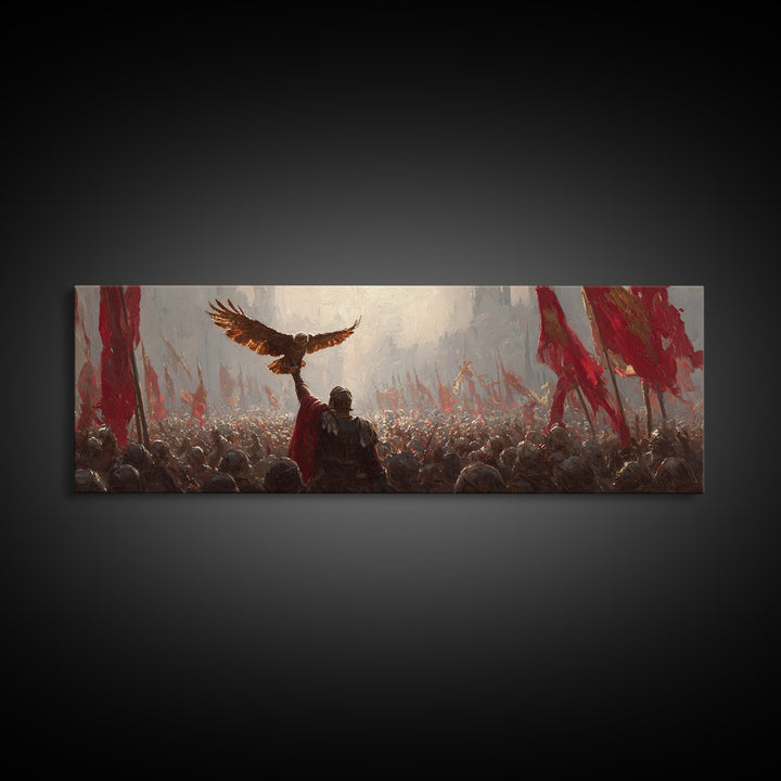 Warrior Raising Eagle Above Red Banners Framed Canvas Print, Epic Battlefield Wall Art, Historical Army Decor Gift For Him
