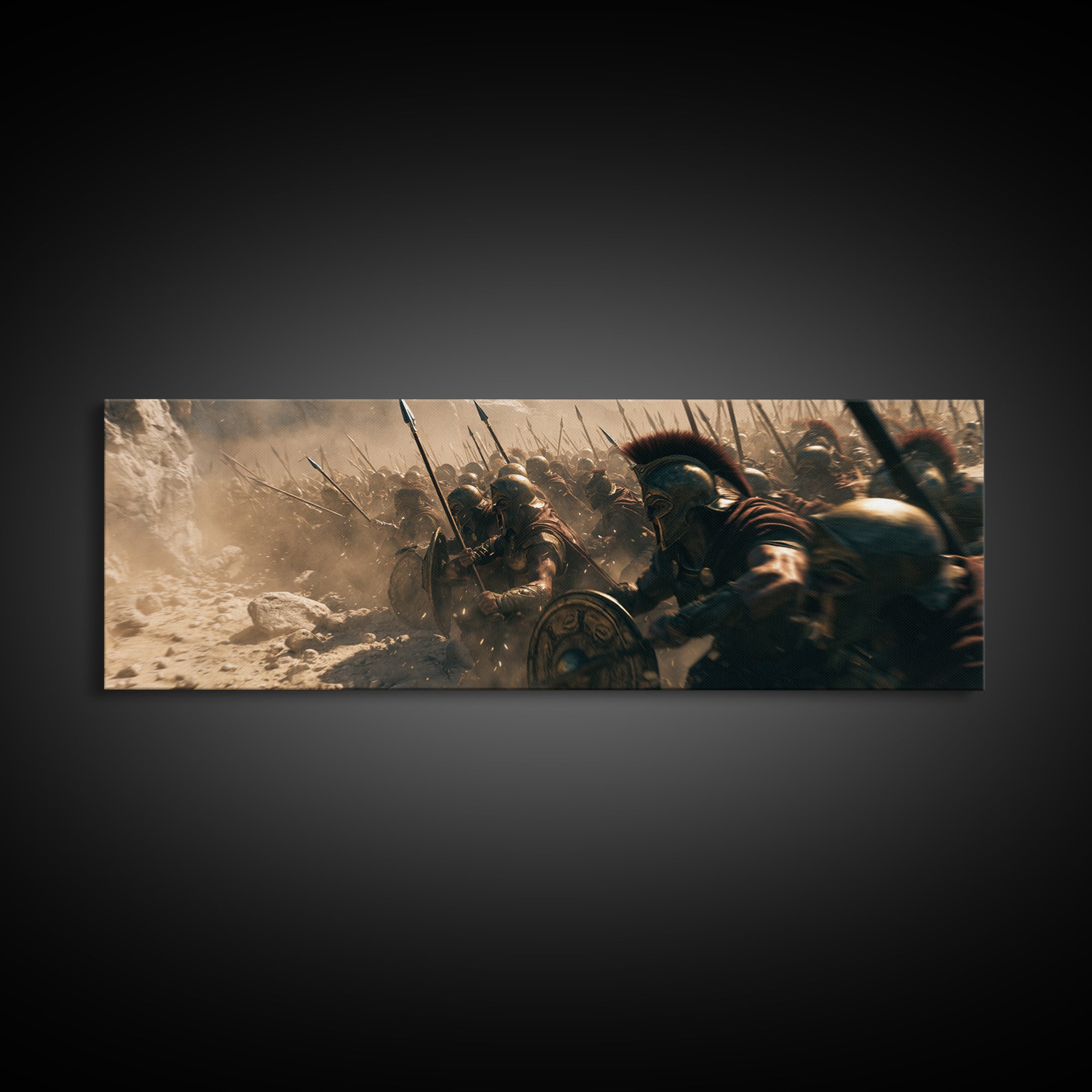 Spartan Phalanx Charging Through Dust Wall Art, Ancient Greek Battle Canvas, Historical Warrior Decor, Dramatic Man Cave Print