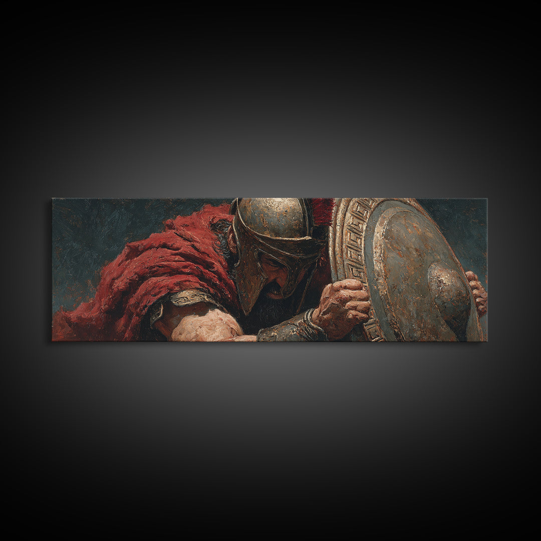Spartan Warrior With Shield Wall Art, Greek Battle Canvas Print, Dark Masculine Historical Decor For Office And Living Room