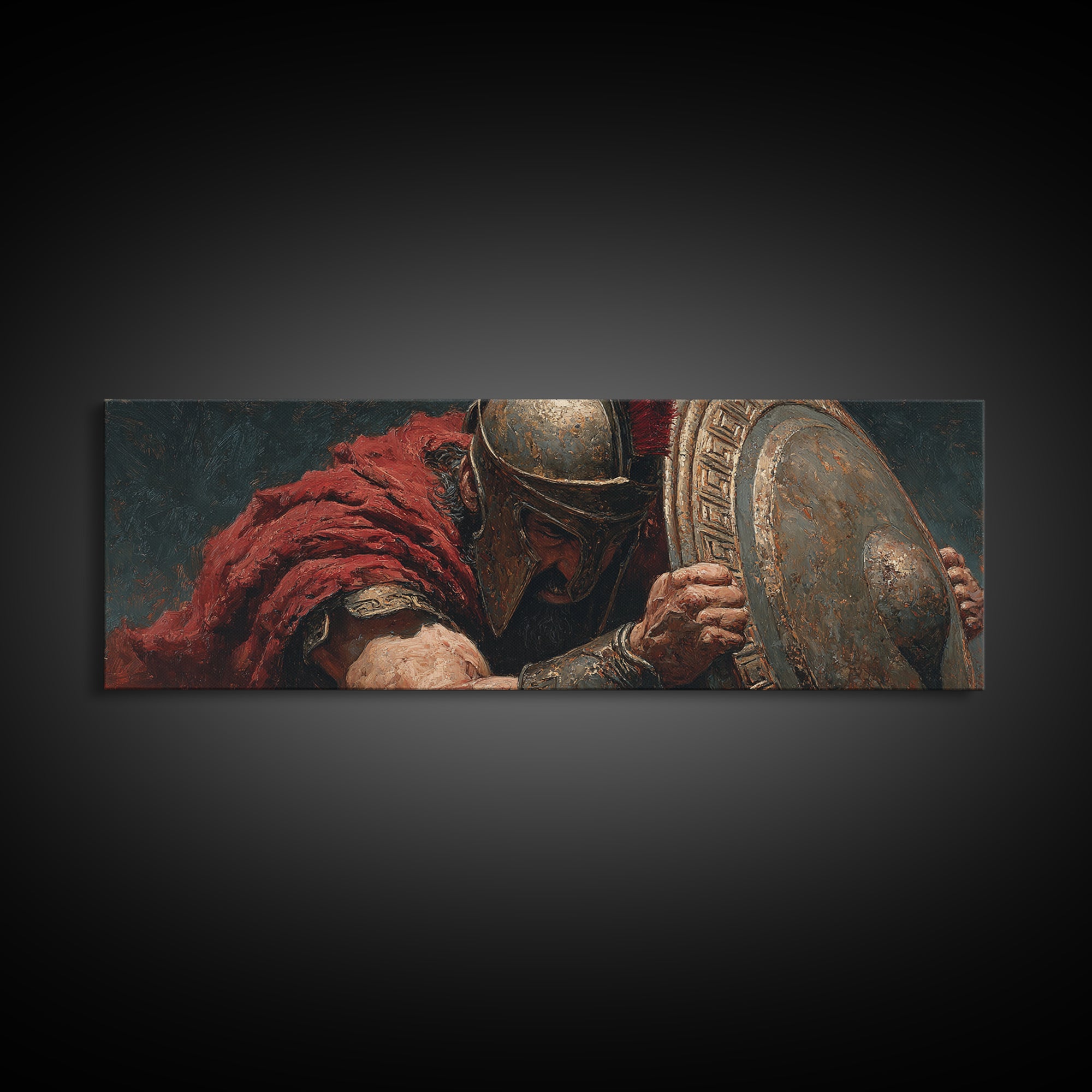 Spartan Warrior With Shield Wall Art, Greek Battle Canvas Print, Dark Masculine Historical Decor For Office And Living Room
