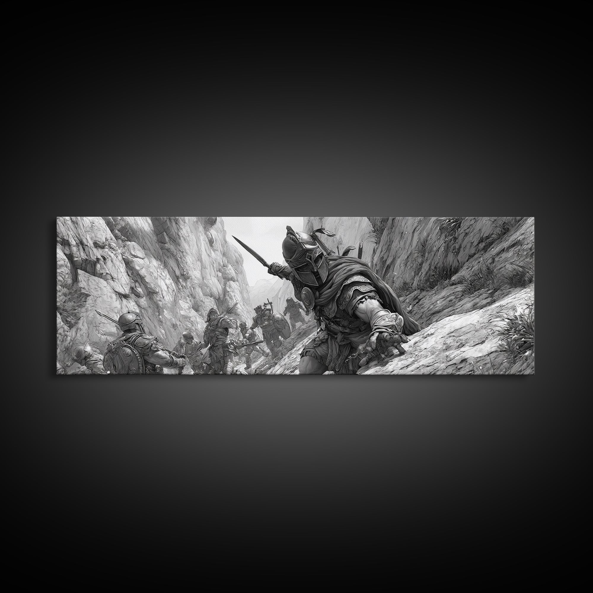 Black And White Canyon Ambush Wall Art, Medieval Warrior Canvas Print, Historic Battle Illustration, Masculine Decor, Office Wall Art