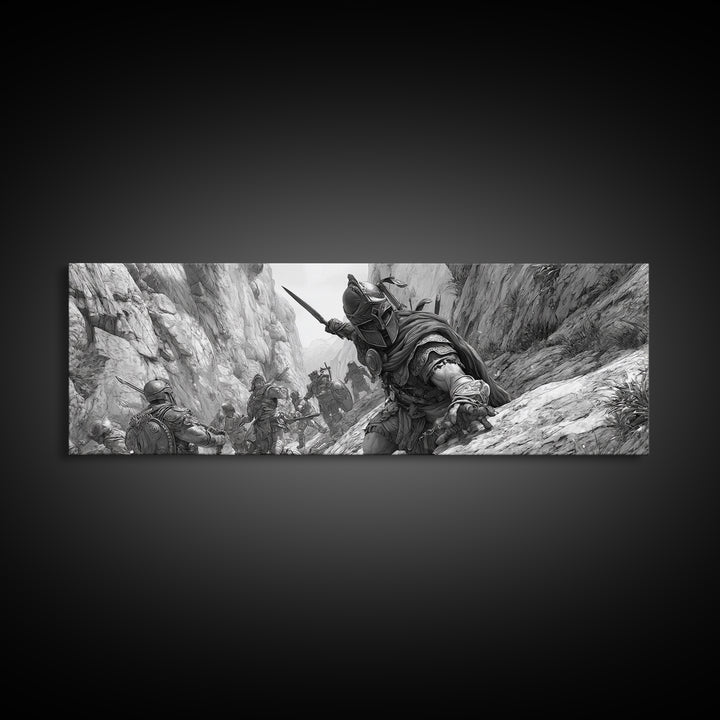 Black And White Canyon Ambush Wall Art, Medieval Warrior Canvas Print, Historic Battle Illustration, Masculine Decor, Office Wall Art