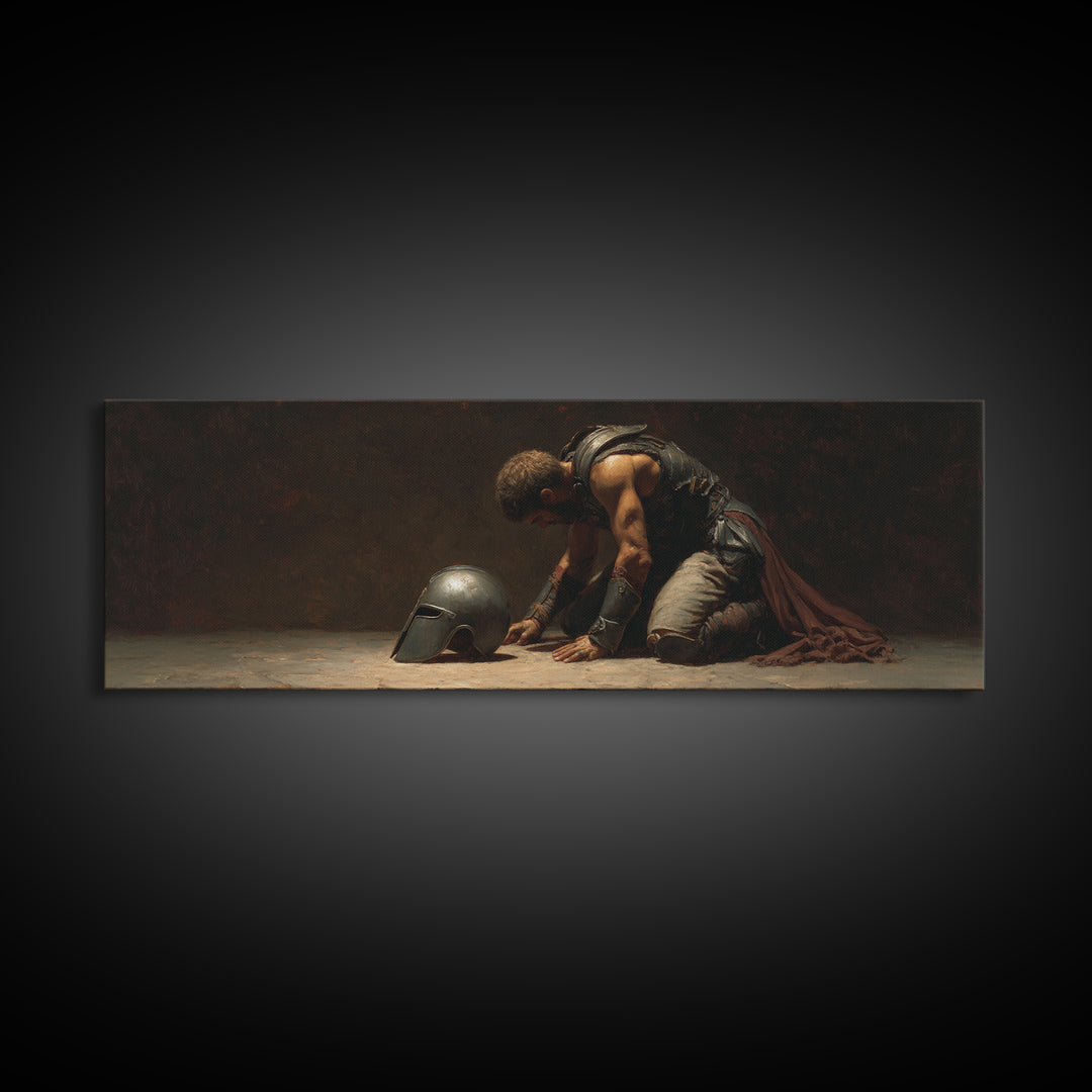 Kneeling Gladiator With Helmet Framed Canvas Print, Dark Academia Wall Art, Classical Warrior Decor, Gift For Him, Office Decor