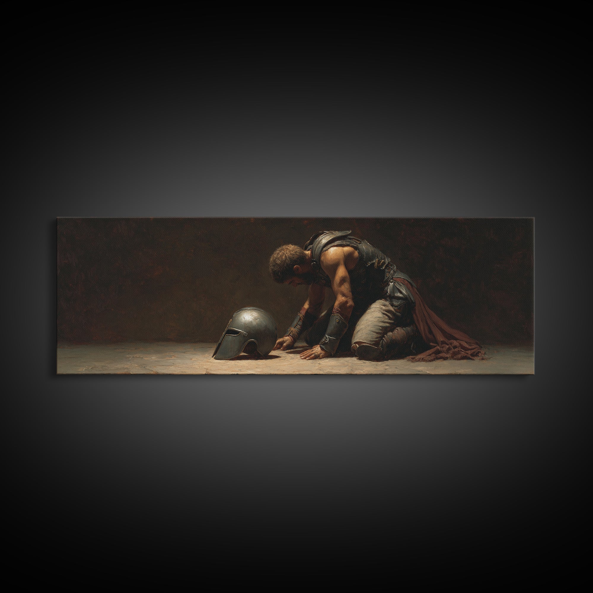Kneeling Gladiator With Helmet Framed Canvas Print, Dark Academia Wall Art, Classical Warrior Decor, Gift For Him, Office Decor