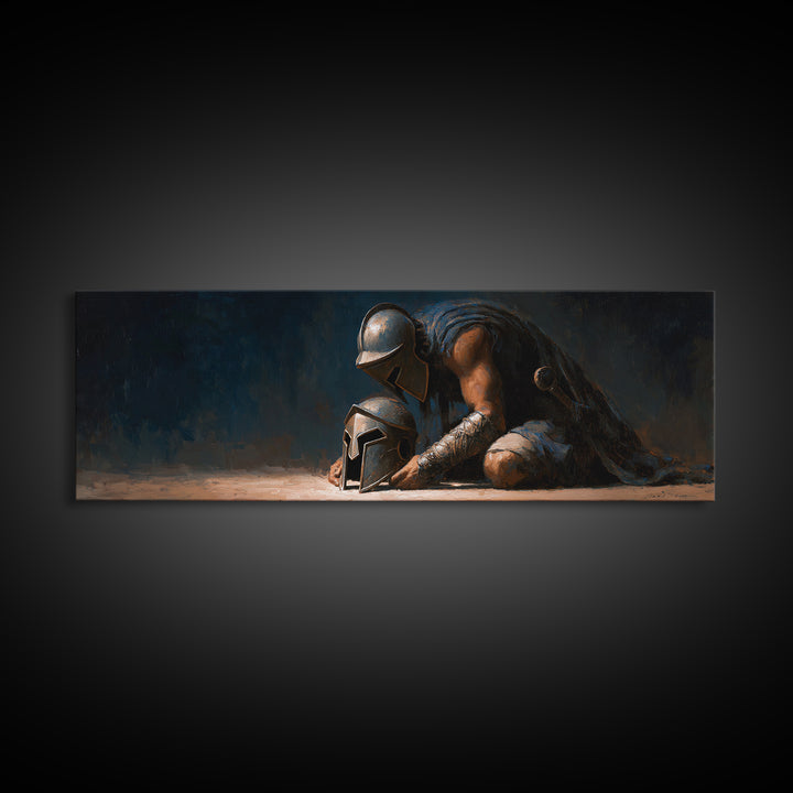 Kneeling Ancient Warrior With Battle Helmets Framed Canvas Print, Dark Fantasy Wall Art For Man Cave Office Decor, Gift For Him