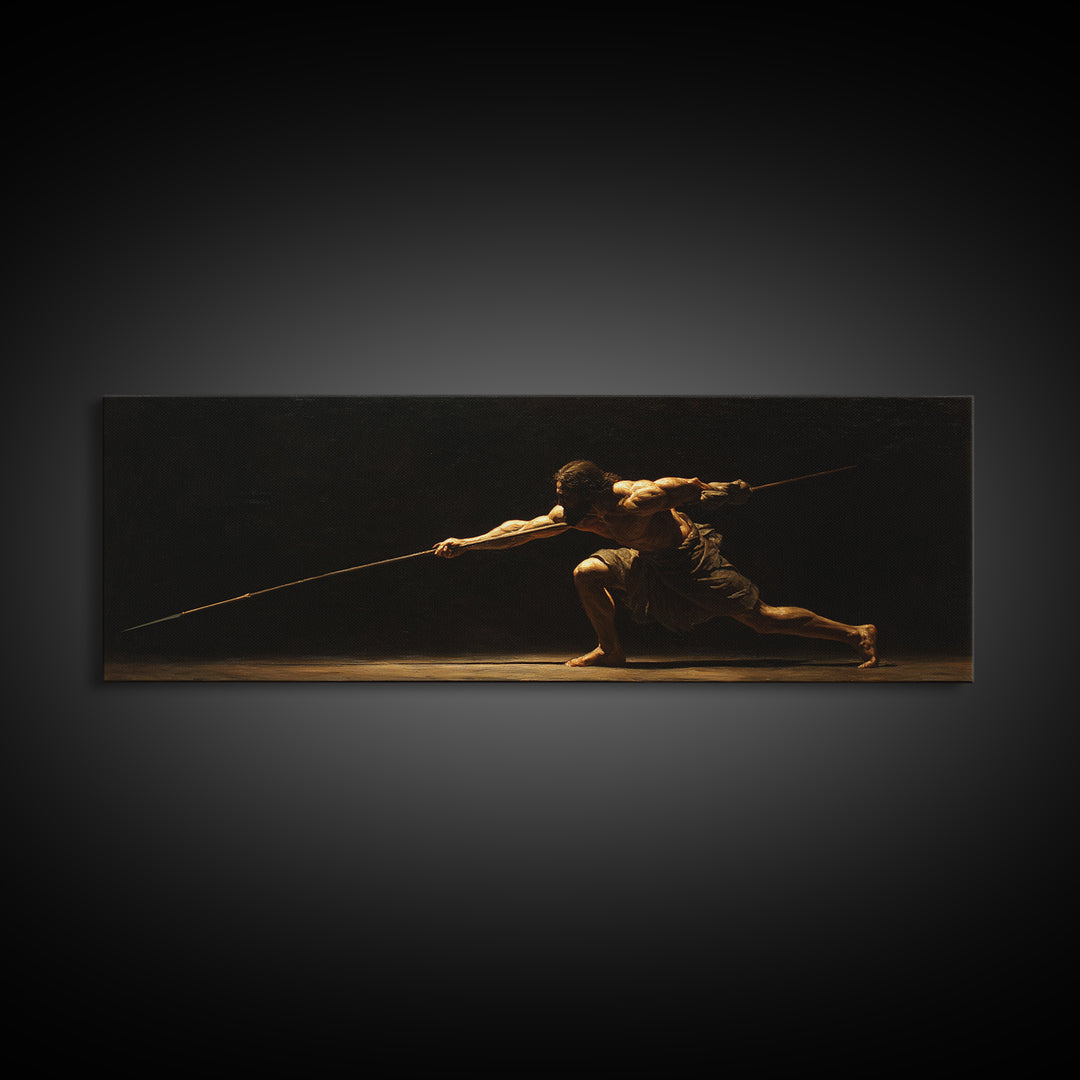 Spear Warrior In Dramatic Shadow Framed Canvas Print, Ancient Fighter Wall Art, Black And Gold Decor, Masculine Office Gift