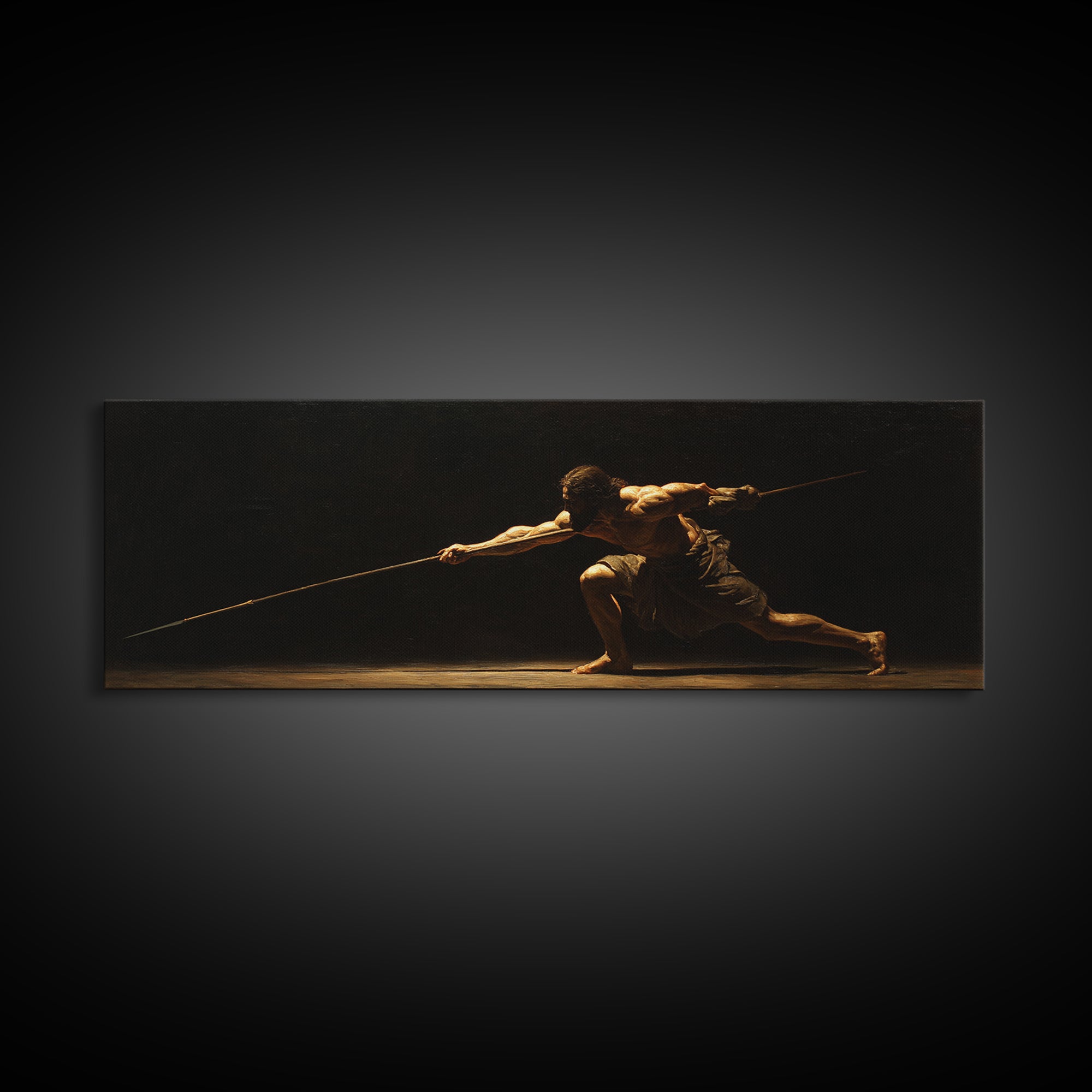 Spear Warrior In Dramatic Shadow Framed Canvas Print, Ancient Fighter Wall Art, Black And Gold Decor, Masculine Office Gift