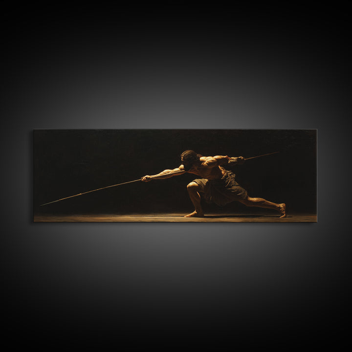 Spear Warrior In Dramatic Shadow Framed Canvas Print, Ancient Fighter Wall Art, Black And Gold Decor, Masculine Office Gift