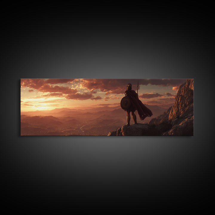 Lone Warrior Over Mountain Valley Sunset Wall Art, Epic Fantasy Landscape, Medieval Adventure Decor, Panoramic Canvas Print