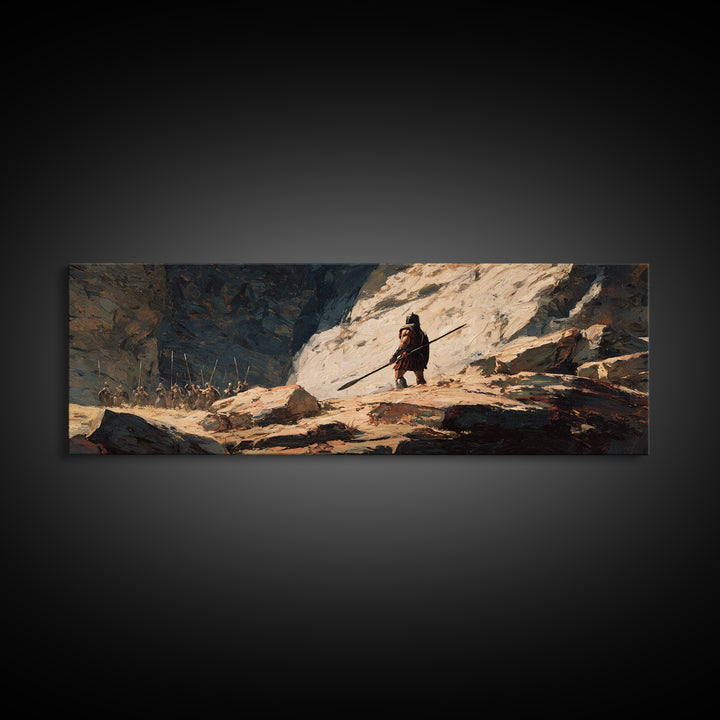 Lone Warrior In Snowy Mountain Pass Canvas Print, Ancient Battle Landscape, Fantasy Wall Art, Rustic Masculine Decor, Large Horizontal Art