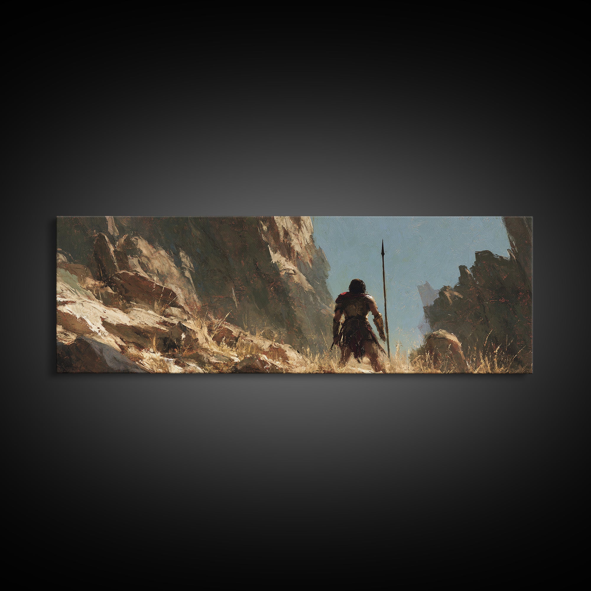 Warrior Crossing Rocky Canyon Wall Art, Ancient Fantasy Landscape Canvas Print, Desert Adventure Decor, Masculine Gift For Him