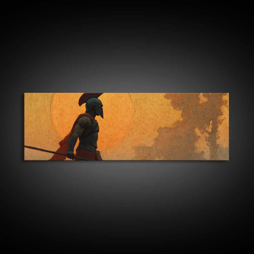 Ancient Greek Warrior Silhouette Wall Art, Spartan Spear Canvas Print, Mythology Decor, Masculine Office Art, Gift For Him