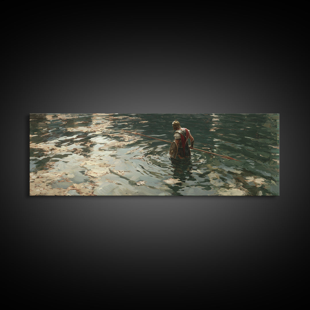 Armored Warrior Wading Through Reflective Water Wall Art, Ancient Spear Soldier, Moody Seascape Decor, Canvas Print Gift
