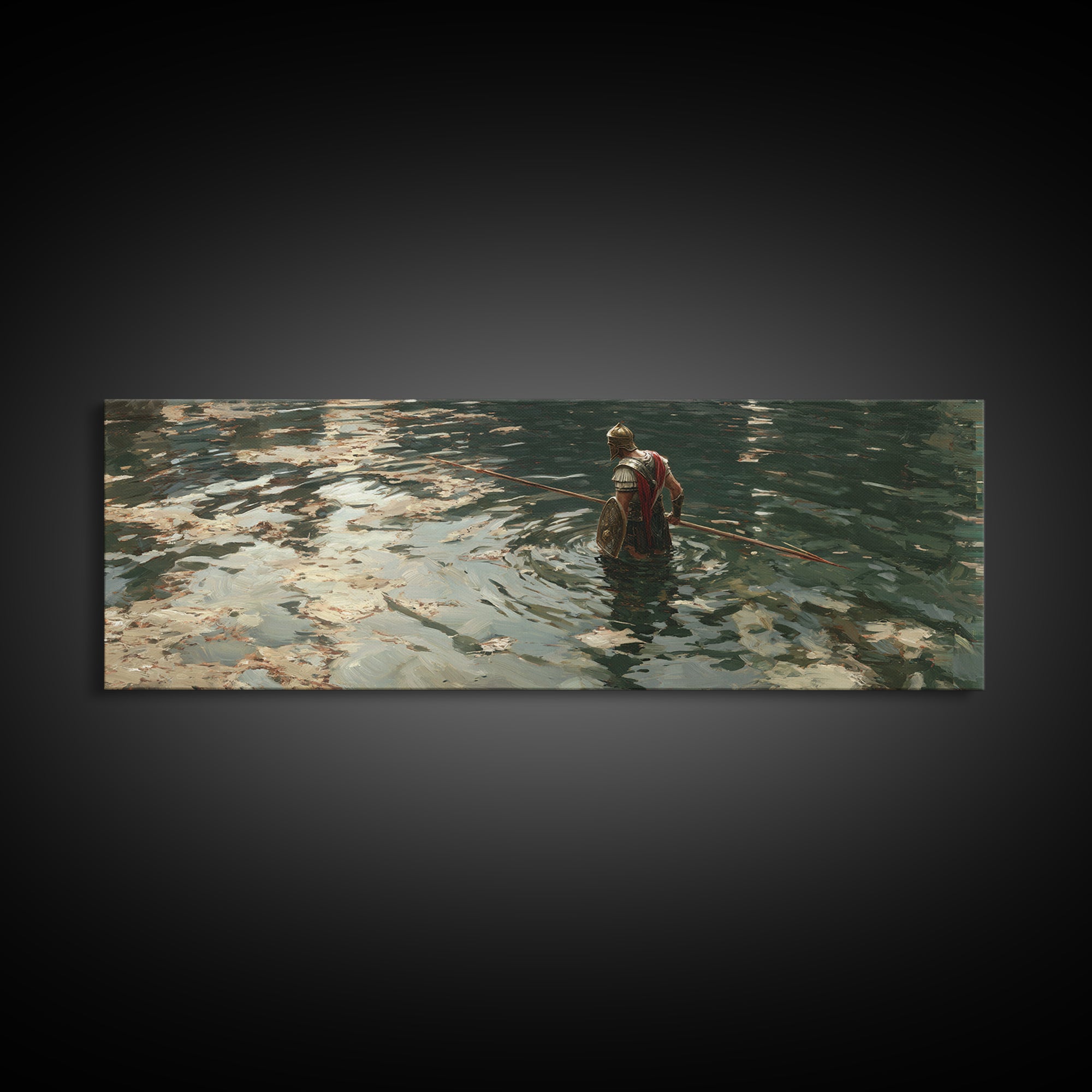 Armored Warrior Wading Through Reflective Water Wall Art, Ancient Spear Soldier, Moody Seascape Decor, Canvas Print Gift