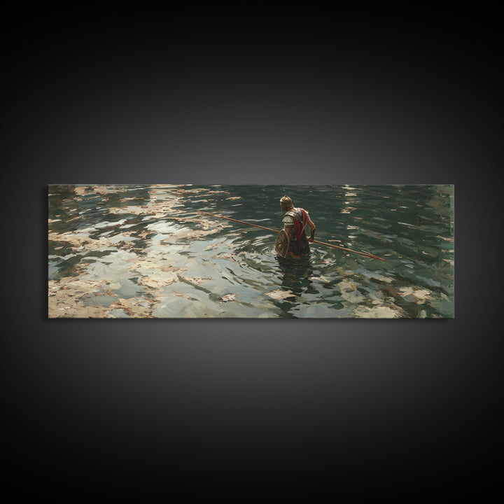 Armored Warrior Wading Through Reflective Water Wall Art, Ancient Spear Soldier, Moody Seascape Decor, Canvas Print Gift