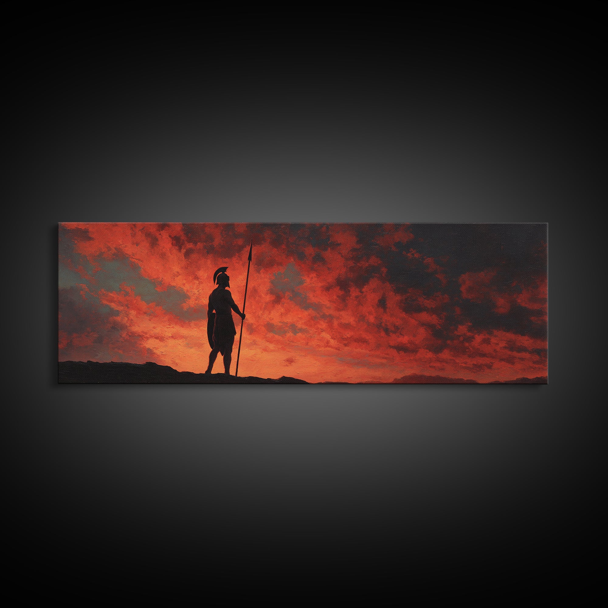 Spartan Warrior Silhouette At Red Sunset Wall Art, Greek Historical Canvas Print, Dramatic Masculine Living Room Decor Gift