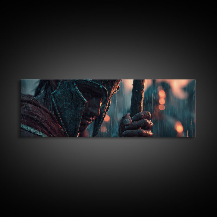 Rain Soaked Armored Warrior Portrait Wall Art, Cinematic Fantasy Canvas Print, Dark Battle Decor, Masculine Office Poster