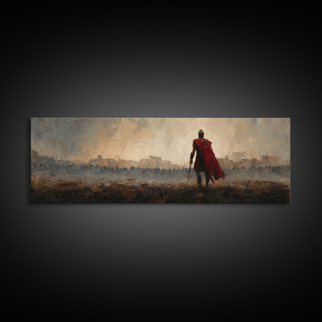 Roman Warrior In Red Cape Over Ancient City Canvas Print, Classical Wall Art, Masculine Office Decor, Historical Gift For Him