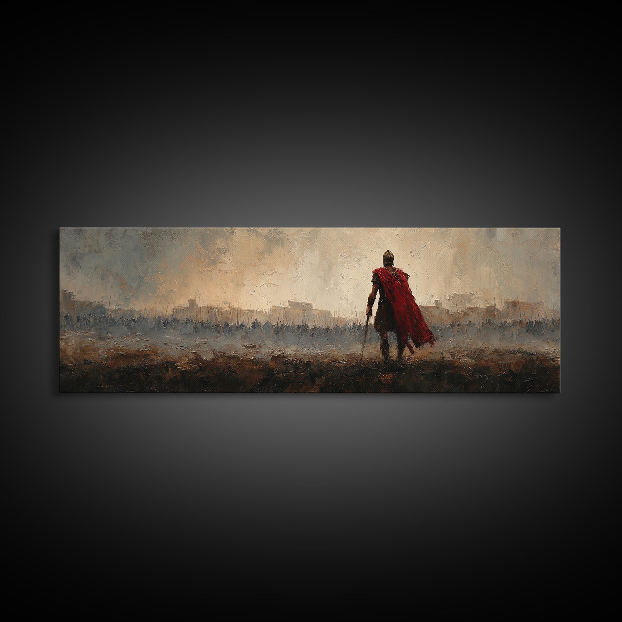 Roman Warrior In Red Cape Over Ancient City Canvas Print, Classical Wall Art, Masculine Office Decor, Historical Gift For Him