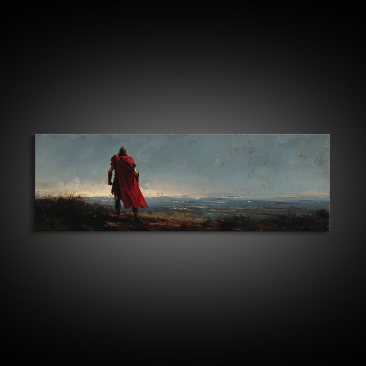 Lone Warrior In Red Cloak Wall Art, Epic Fantasy Landscape Canvas Print, Moody Medieval Decor, Statement Artwork, Gift For Him