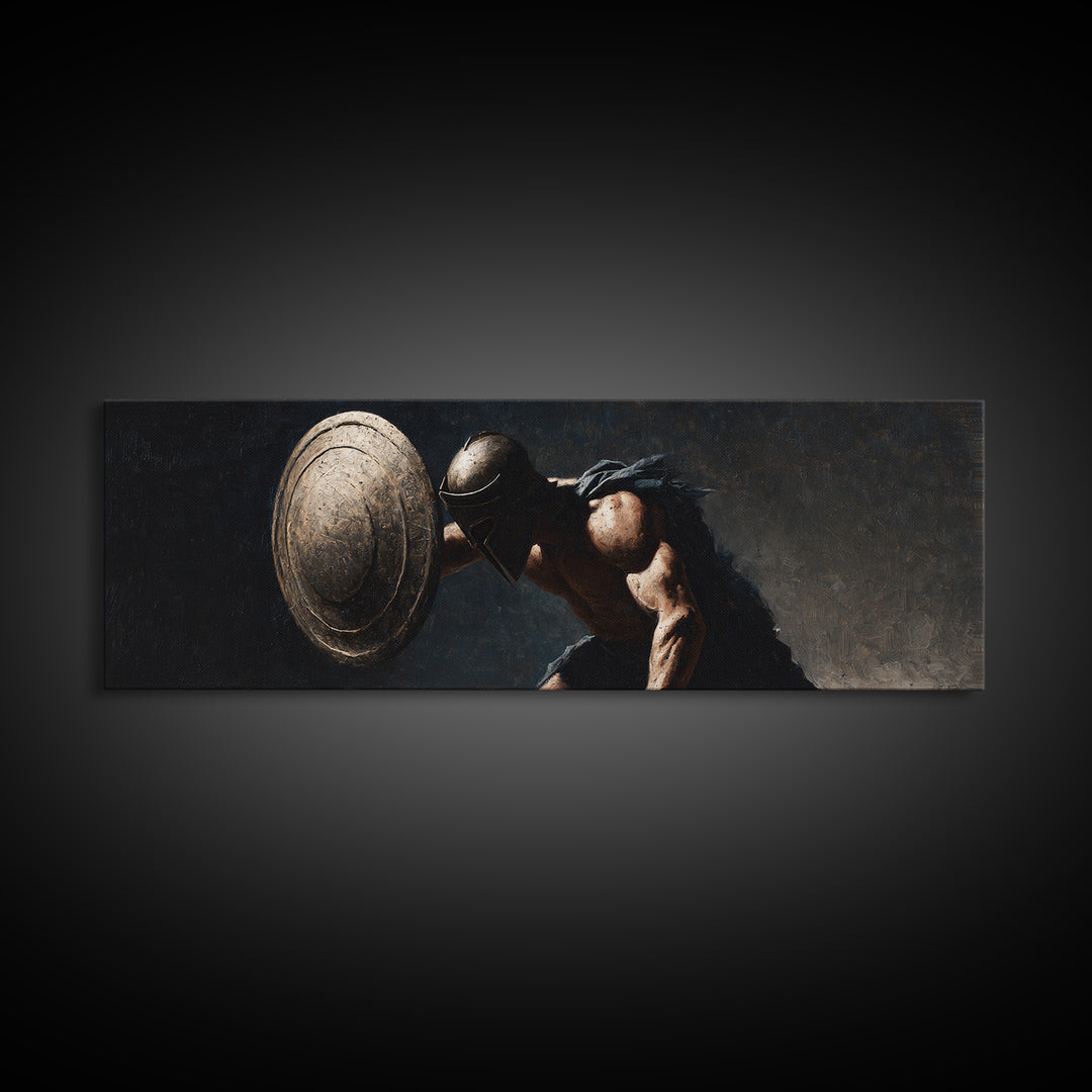 Ancient Hoplite With Round Shield Canvas Print, Greek Warrior Wall Art, Masculine Office Decor, Dark Historical Artwork Gift