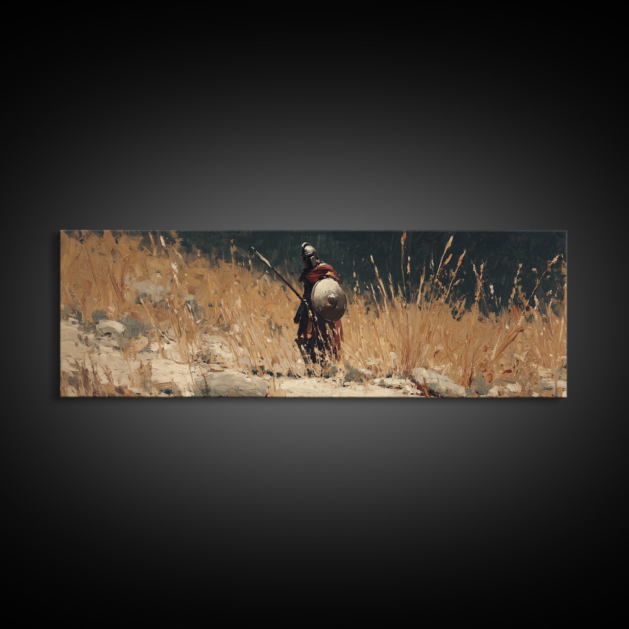 Lone Ancient Warrior In Golden Grass Framed Canvas Print, Historical Wall Art, Rustic Home Decor, Masculine Office Decor