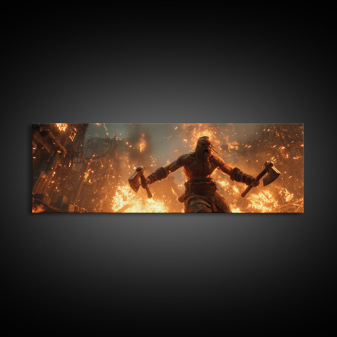 Viking Berserker With Twin Axes Wall Art, Burning Village Battle Scene, Norse Warrior Decor, Dark Fantasy Canvas Print, Large Art