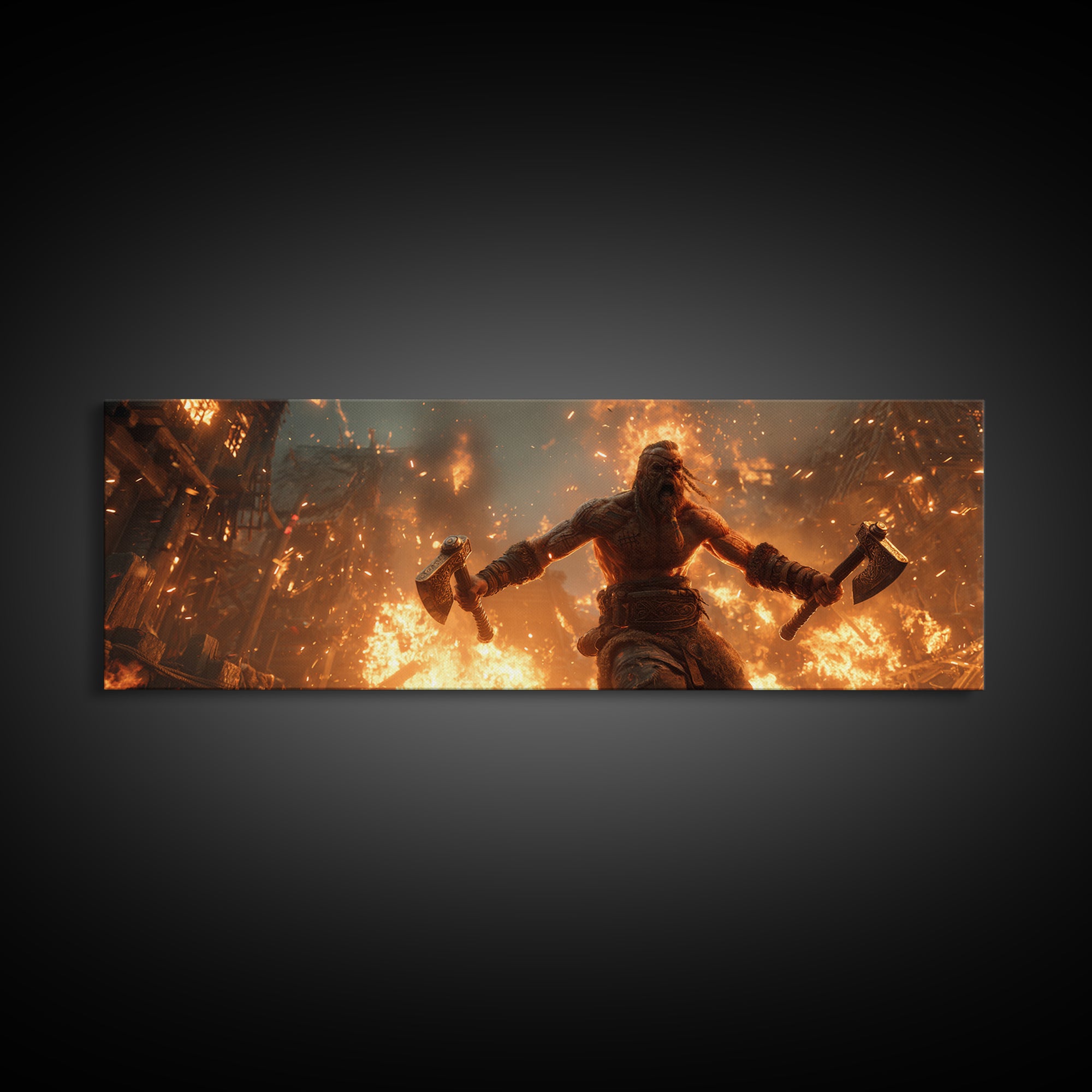 Viking Berserker With Twin Axes Wall Art, Burning Village Battle Scene, Norse Warrior Decor, Dark Fantasy Canvas Print, Large Art