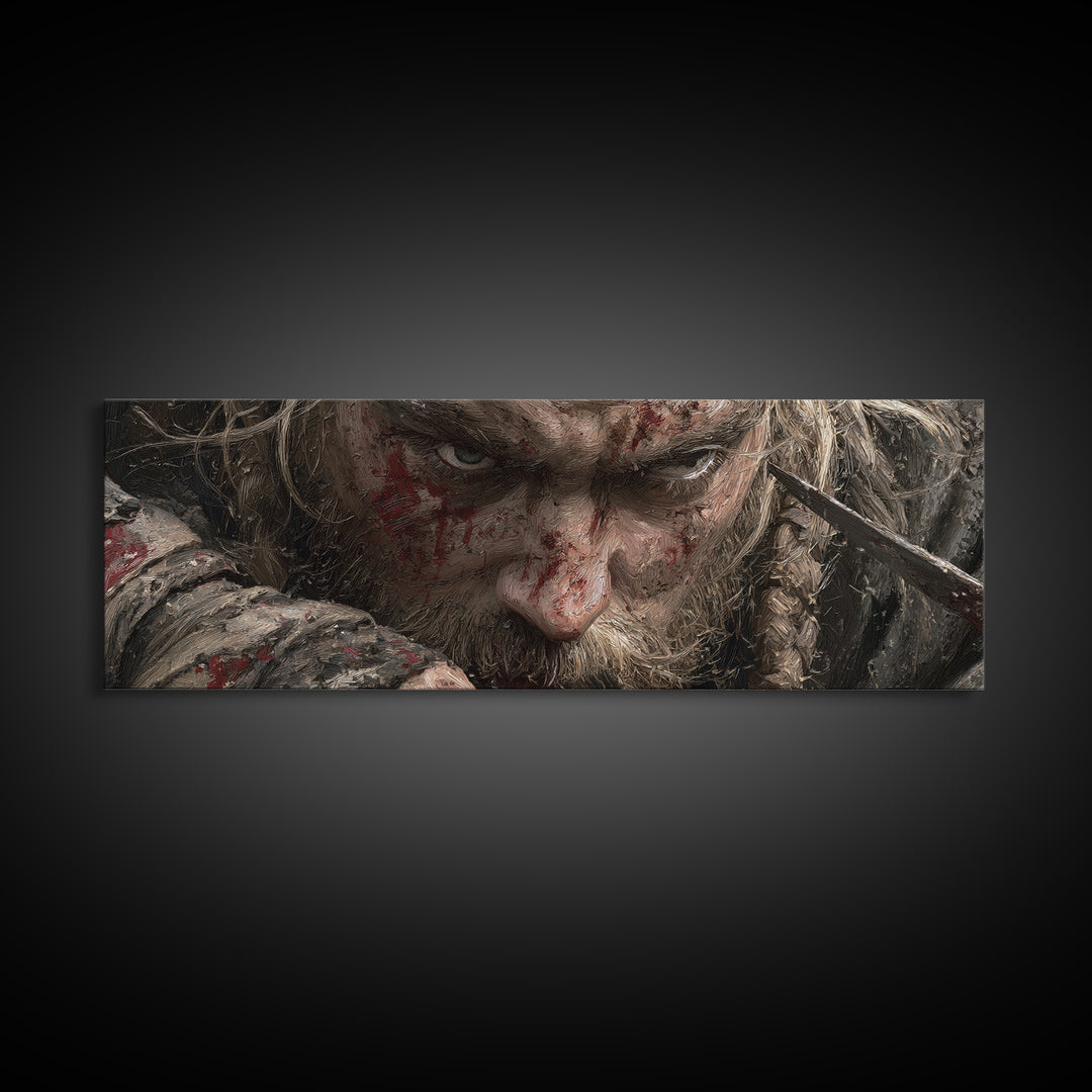 Bloodied Viking Warrior Close Up Framed Canvas Print, Dark Fantasy Portrait, Norse Wall Art, Masculine Man Cave Decor, Gift For Him