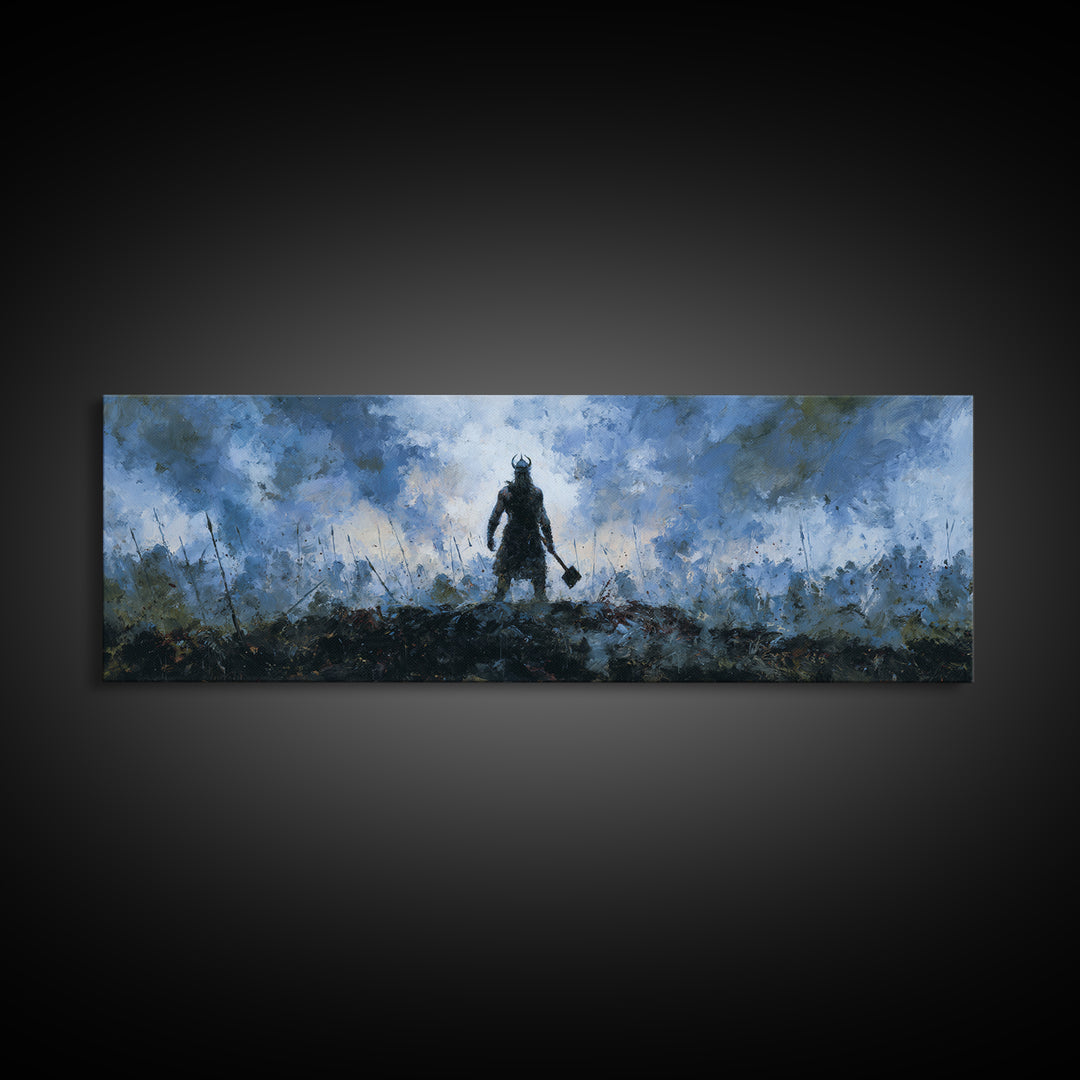 Dark Viking With Hammer Wall Art, Stormy Norse Warrior Canvas Print, Moody Fantasy Decor, Masculine Office Artwork Gift For Him