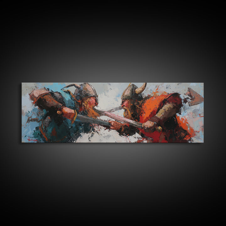 Viking Warriors Clashing With Axes Canvas Print, Norse Wall Art, Dark Fantasy Decor, Medieval Battle Artwork For Him, Man Cave Decor