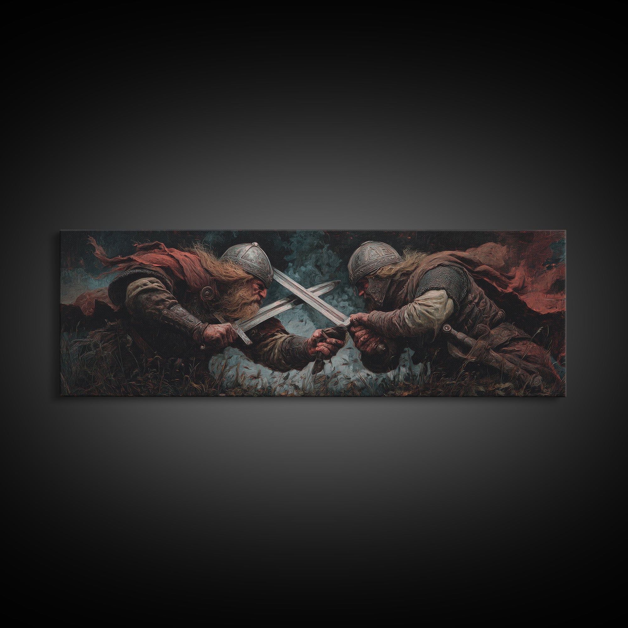 Viking Duel With Crossed Swords Framed Canvas Print, Dark Fantasy Wall Art, Medieval Warrior Decor, Man Cave Art, Gift For Him