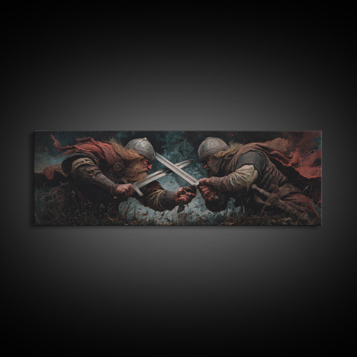 Viking Duel With Crossed Swords Framed Canvas Print, Dark Fantasy Wall Art, Medieval Warrior Decor, Man Cave Art, Gift For Him