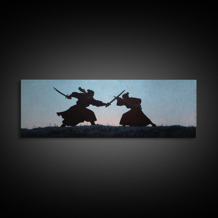 Samurai Duel Silhouette Wall Art, Japanese Warrior Canvas Print, Minimal Black And White Decor For Office And Living Room
