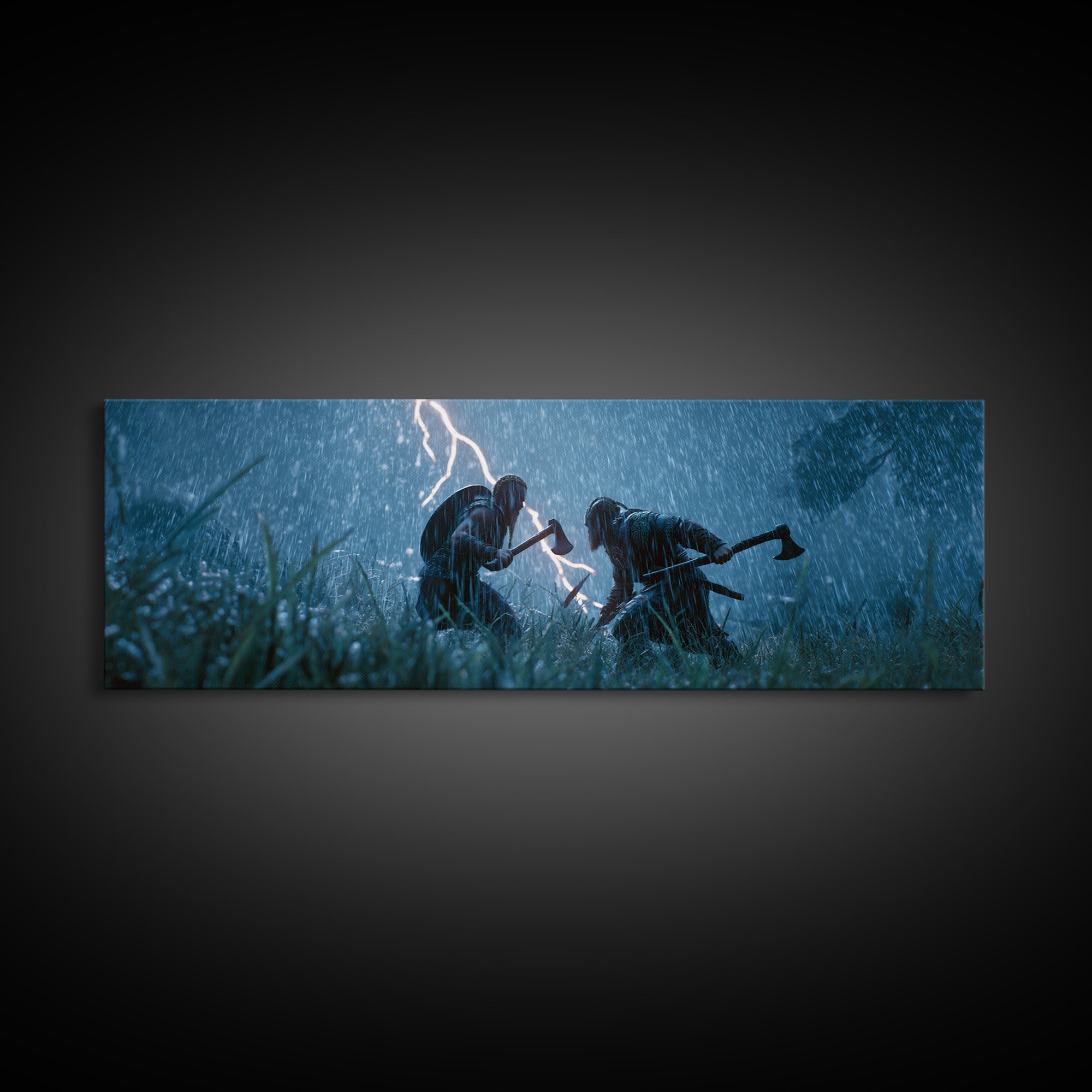 Viking Warriors In Lightning Rain Canvas Print, Dark Medieval Battle Wall Art, Stormy Fantasy Decor, Dramatic Game Room Decor
