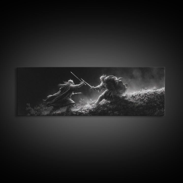 Black And White Warrior Duel Wall Art, Dark Fantasy Battle Print, Cinematic Viking Decor, Masculine Office, Gift For Him