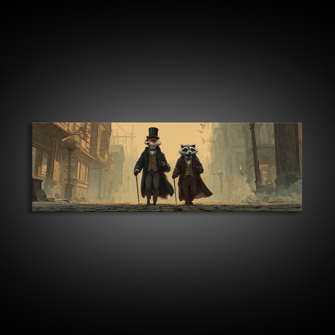 Dapper Fox And Raccoon Stroll Wall Art, Whimsical Animal Portrait, Victorian Street Fantasy Decor For Kids Room Canvas Print